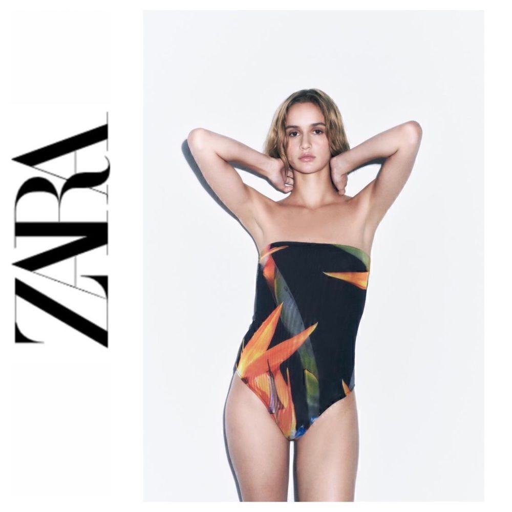 NWT Zara Blogger’s Favorite Word of Honor Printed Tulle Strapless Bodysuit
